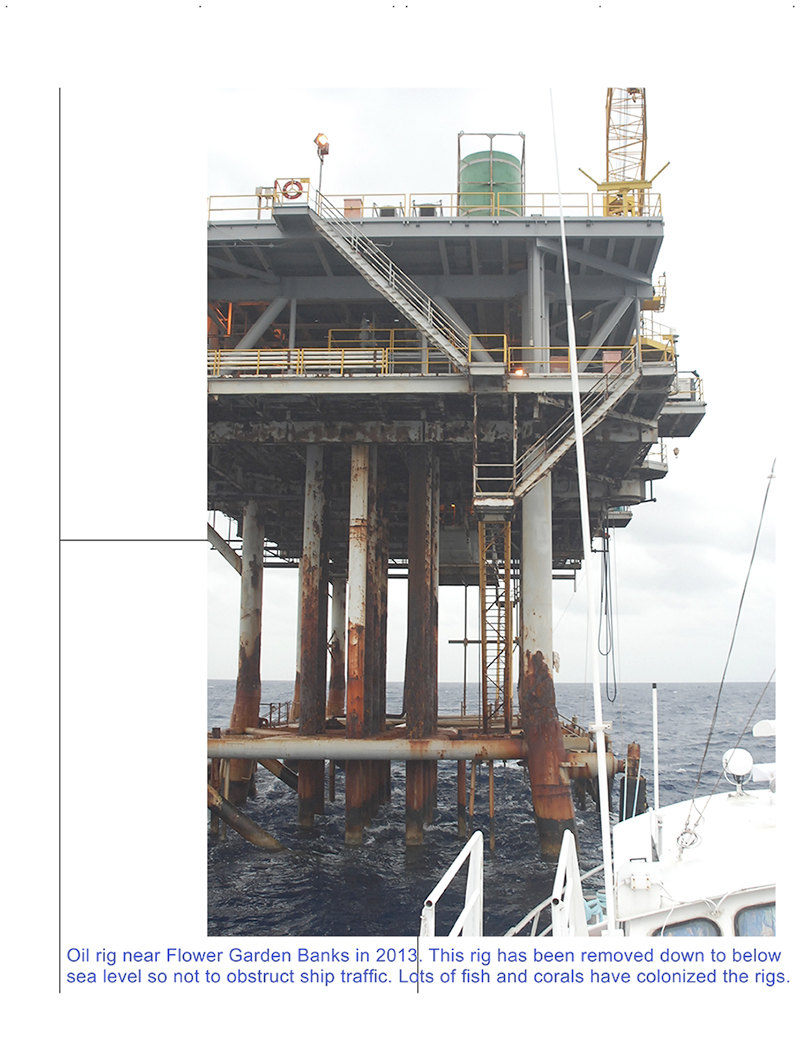 A photo of an oil rig at see with text underneath