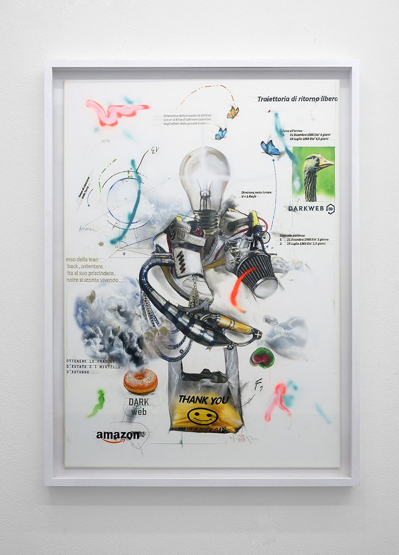 A framed surrealistic drawing incorporating machine and human components