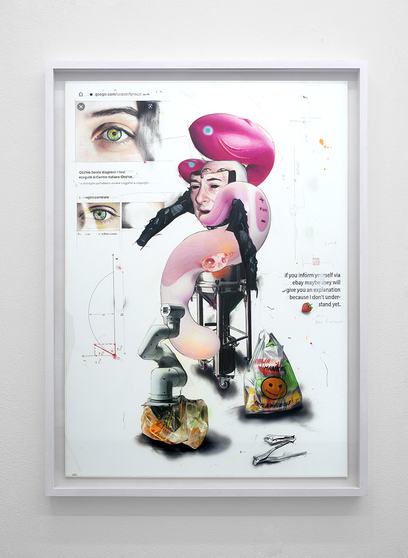 A framed surrealistic drawing incorporating machine and human components