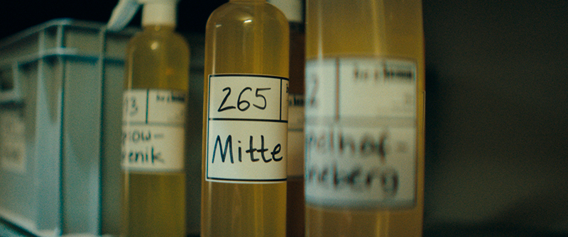 Bottles of yellow liquid with handwritten labels