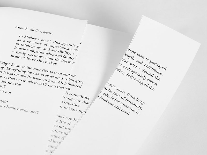 The inside of a book in which a page is perforated and partially ripped apart
