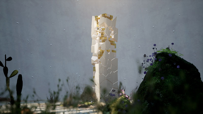 a digital rendering of a pillar that seems to be breaking apart