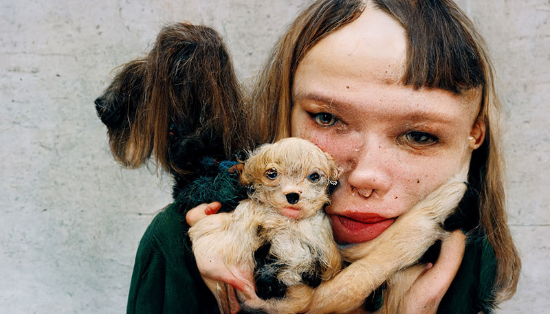 An AI generated image of a woman's face with a little dog next to it