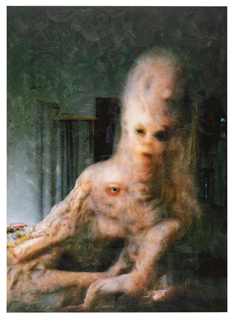 A photograph of a painting of a blob-like, pinky, fleshy, alien creature