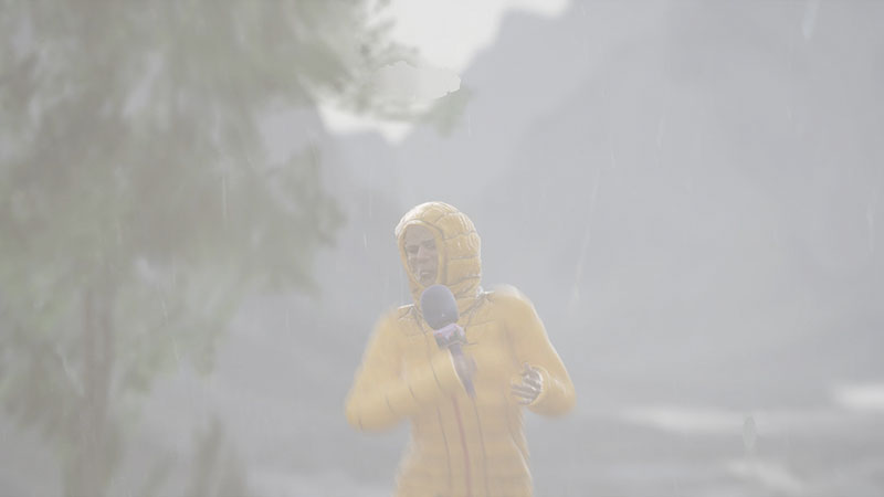 a production still featuring a man standing in the wilderness with a microphone in the rain, wearing a yellow rain jacket