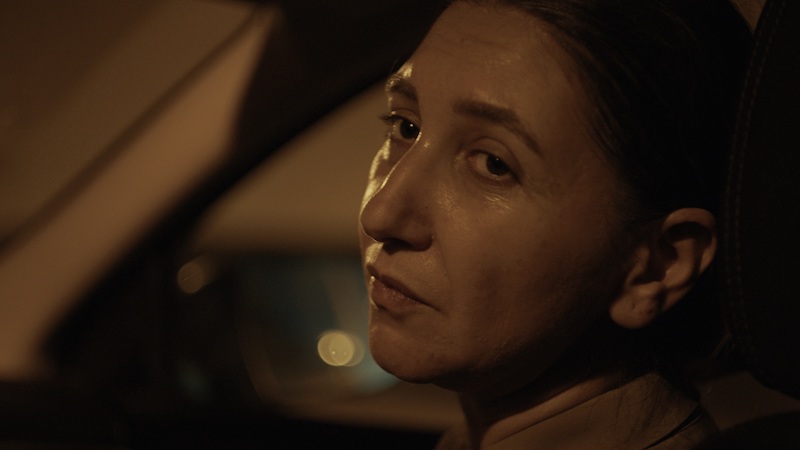 A film still of a woman's sad face looking out from the driver's seat of a car