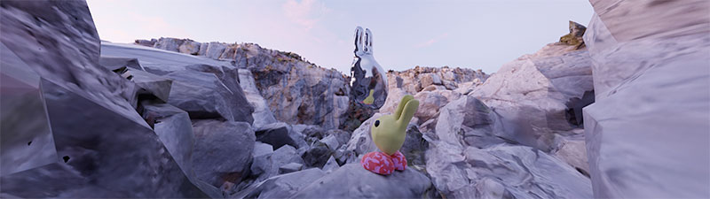 CGI image of two cartoon-like bunnies walking through a rocky landscape