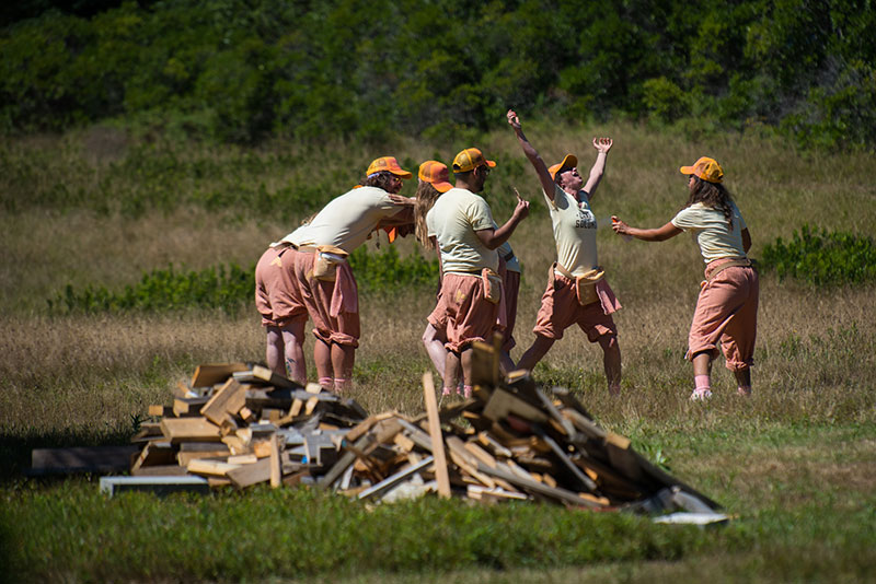 a photograph of a group of people dancing in a field