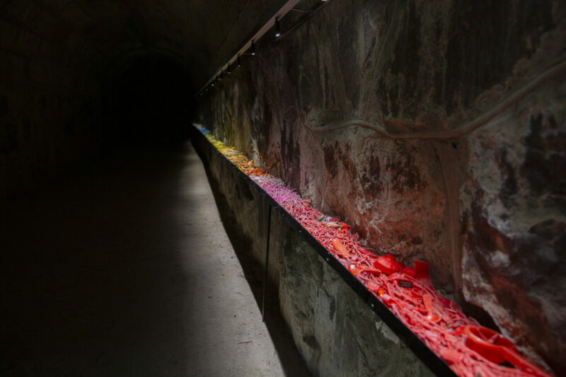 small plastic objects sorted by color into a long line along the wall of a gunpowder cellar
